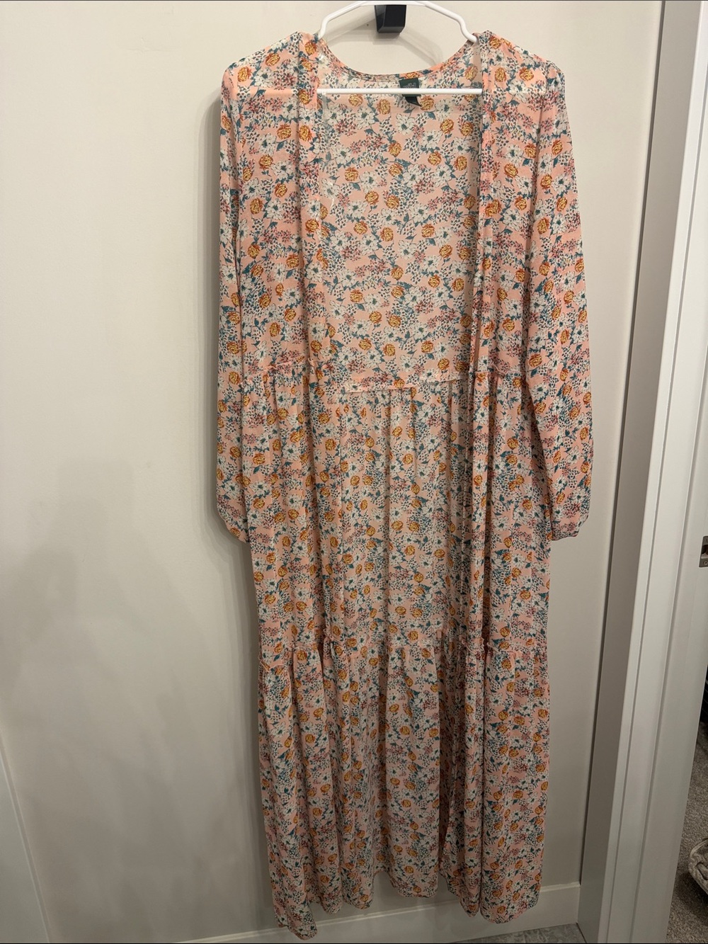 wild fable Peach Floral Maxi Duster with Teal & Mustard Accents